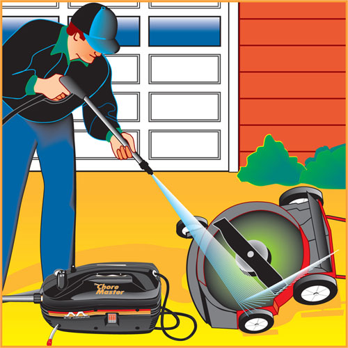 Vector illustration of a man cleaning a lawnmower